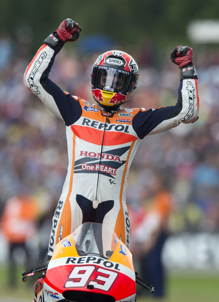 Honda MotoGP rider Marc Marquez of Spain celebrates after winning the Dutch Grand Prix in Assen June 28, 2014 Honda MotoGP rider Marc Marquez of Spain celebrates after winning the Dutch Grand Prix in Assen June 28, 2014