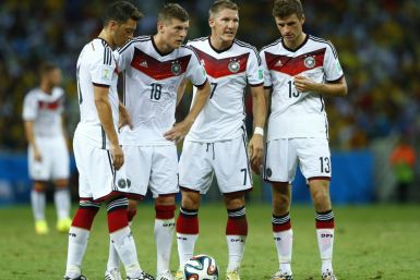 Germany's Mesut Ozil, Toni Kroos, Bastian Schweinsteiger and Thomas Mueller
