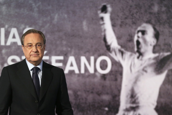 Real Madrid's president Florentino Perez leaves a news conference after the death of former Real Madrid player Alfredo Di Stefano at Santiago Bernabeu stadium in Madrid July 7, 2014.