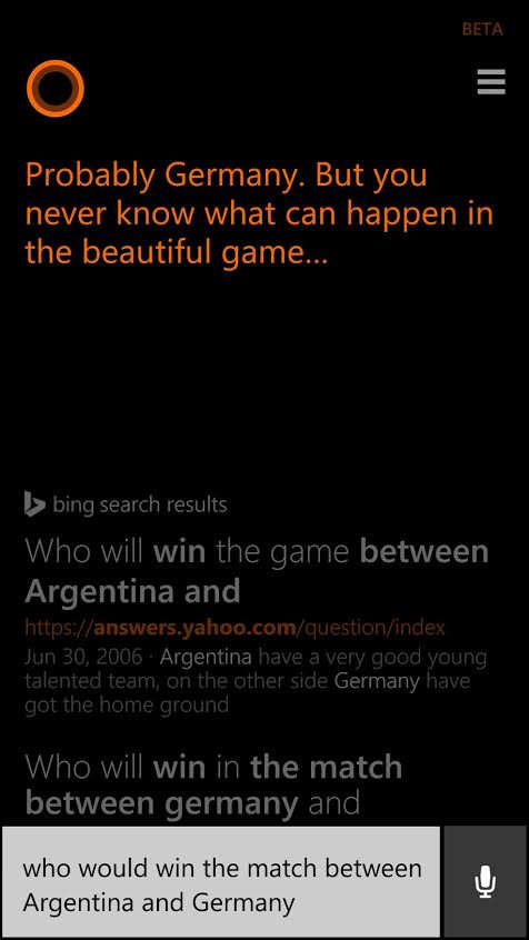 Cortana predicts germany vs argentina results for 2014 fifa world cup final