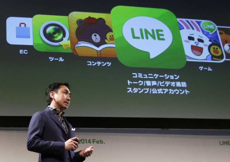 Takeshi Idezawa, chief operating officer of Line Corp, speaks during an announcement of its new service in Tokyo