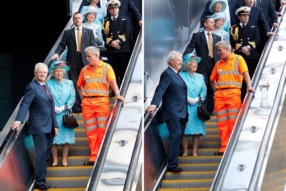 Pretty in Turquoise The Queen Stands Out in a Sea of Orange as She