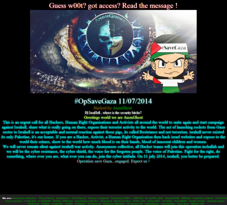 AnonGhost's #OpSaveGaza message has been displayed on many Israeli websites