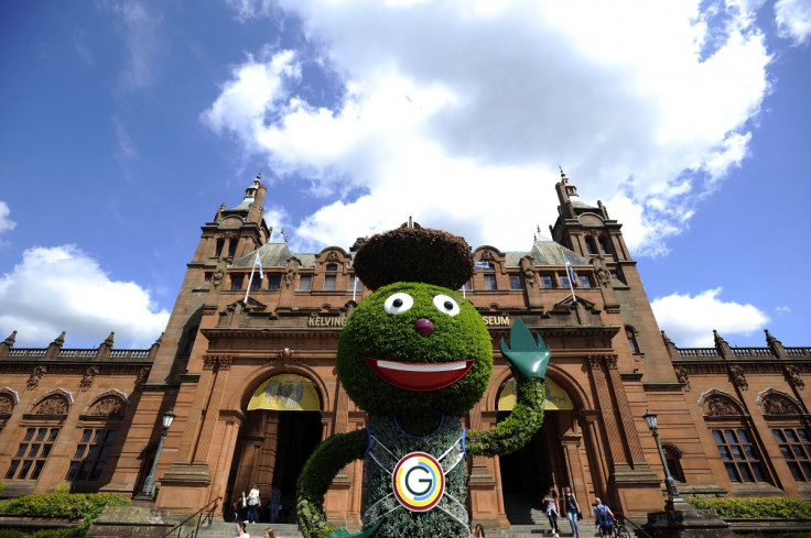 2014 Commonwealth games mascot Clyde Thistle stands outside the Kelvingrove Museum and Art Gallery
