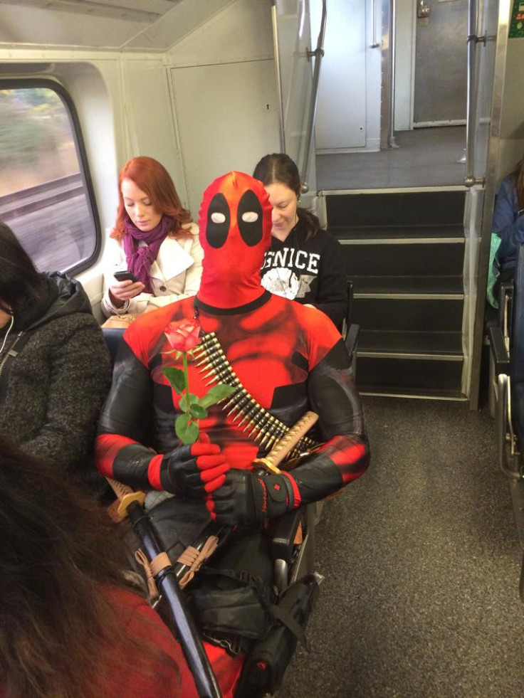 Rueben Rose as Deadpool, sitting in a train "looking for love"