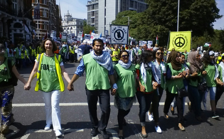 The protest comes as Israel and Hamas observe a 16-hour cease fire.