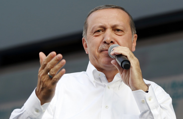 Turkey's Prime Minister and presidential candidate Tayyip Erdogan speaks during an election rally in Diyarbakir, southeast Turkey