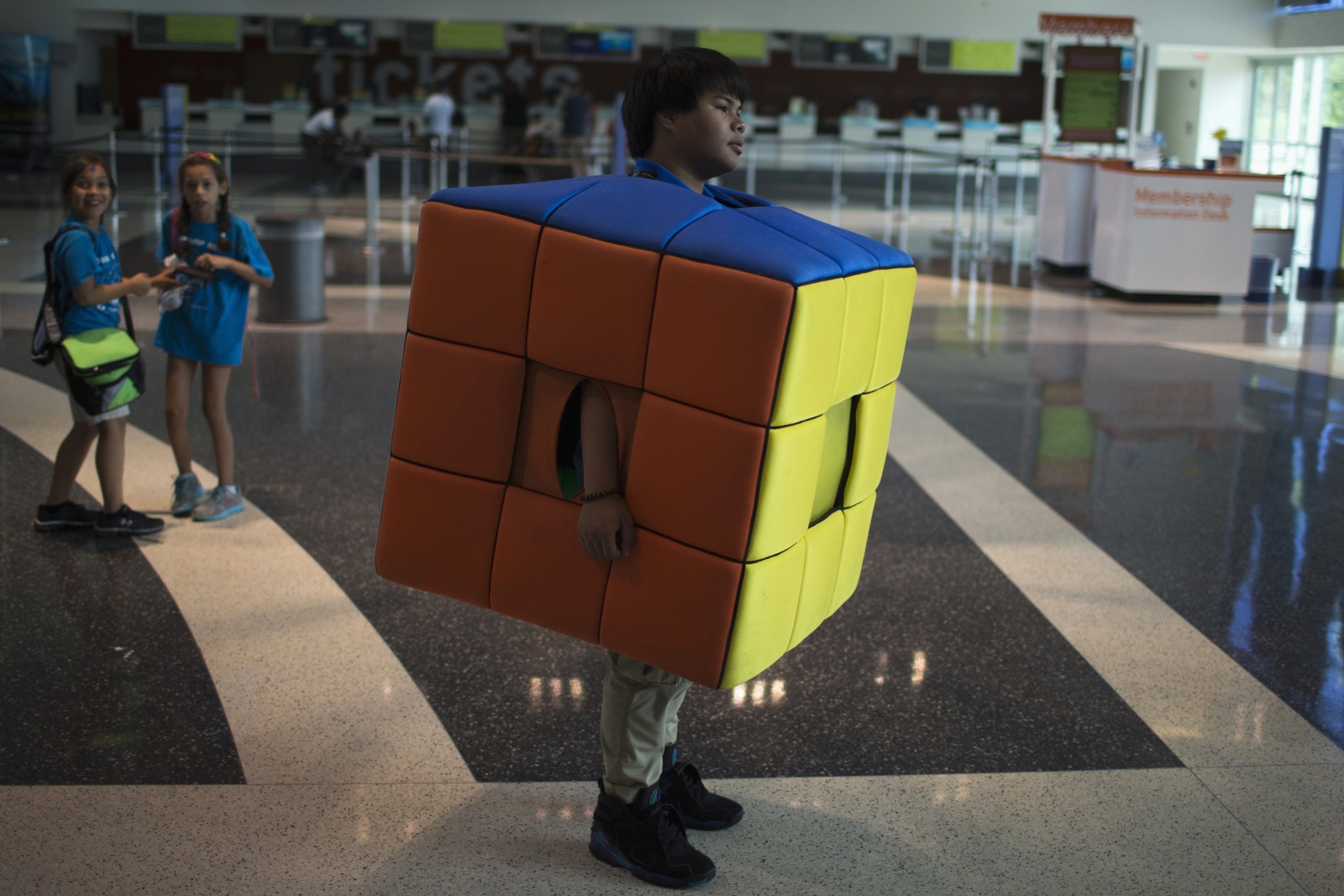 Volunteer Dressed as Rubiks Cube