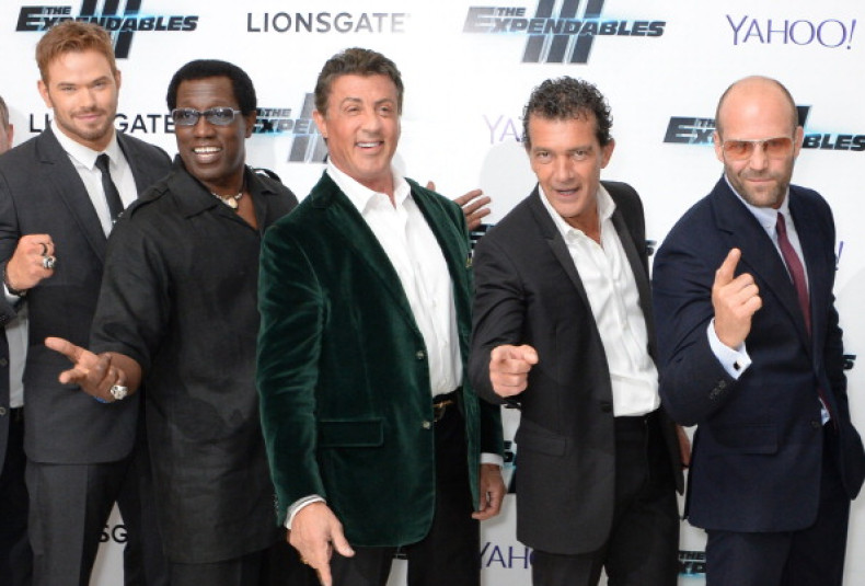 Kellan Lutz, Wesley Snipes, Sylvester Stallone, Antonio Banderas and Jason Statham attend the World Premiere of 'The Expendables 3' at Odeon Leicester Square on August 4, 2014 in London, England.