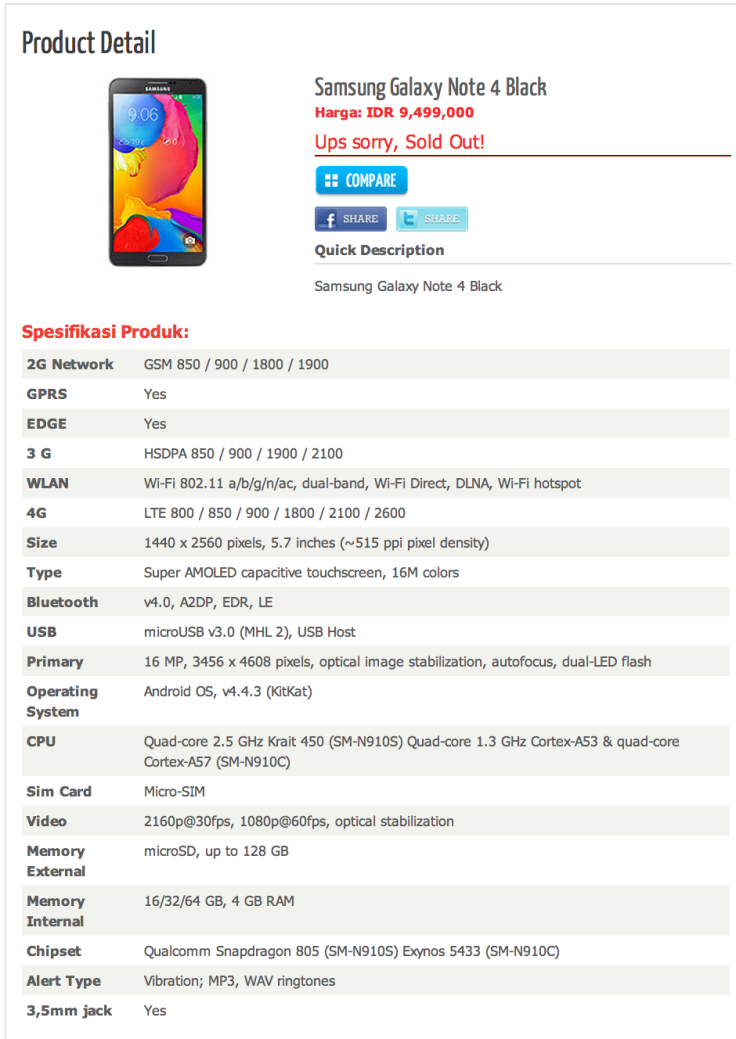 Samsung Galaxy Note 4 Spec Sheet