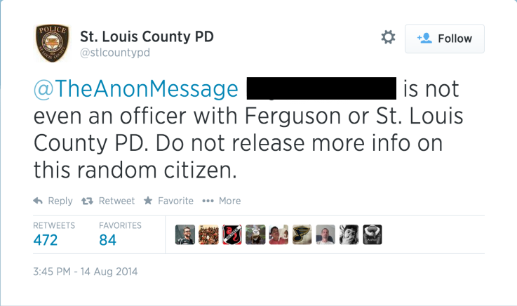 Ferguson Police Tweet to Deny Anonymous Claims