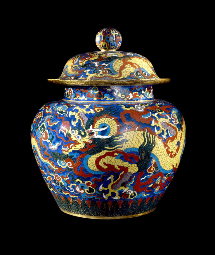 Cloisonné enamel jar and cover with dragons. Metal with cloisonné enamels, Xuande mark and period (1426-1435), Beijing.