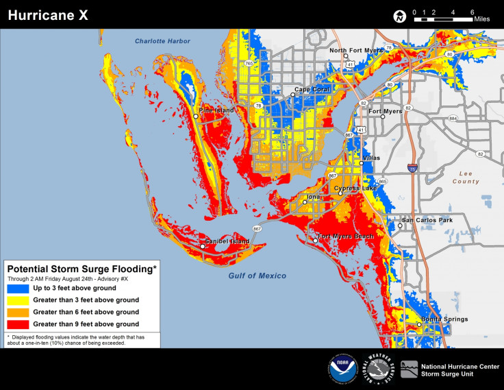 An example of the new experimental storm surge potential flooding map showing southwest Florida.