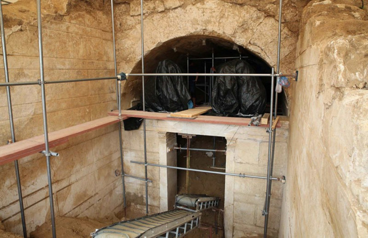 The entrance to the Amphipolis tomb, now with building supports and protection for the marble sphinxes against outside elements