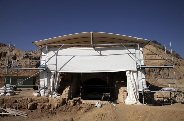 Scaffolding set up to protect the excavation site. It has taken 2 years to uncover the tomb at the top of the mound on Kasta Hill