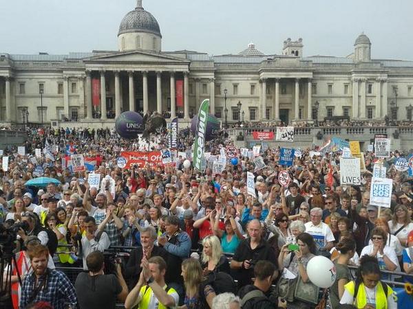 Protestors In UK Gather in Trafalgar Square in NHS Rally