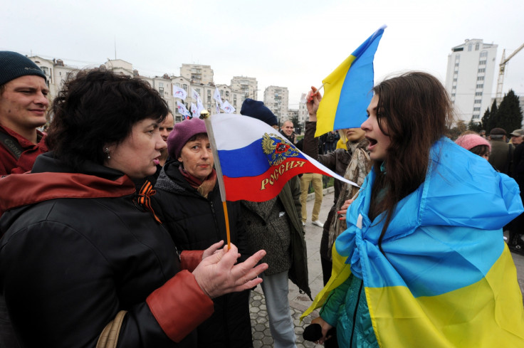 Pro-Ukrainian and pro-Russia demonstrators face-off in Sevastopol in March. (Getty)