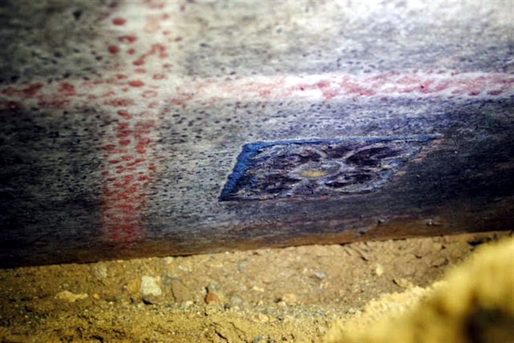 Painted marble tile embedded into the roof of the Greek tomb in Amphipolis Painted marble tile embedded into the roof of the Greek tomb in Amphipolis
