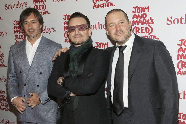 Designer Marc Newson (L), Singer Bono (C) and Apple's Senior Vice President of Design Jony Ive attend Jony And Marc's (RED) Auction at Sotheby's in New York