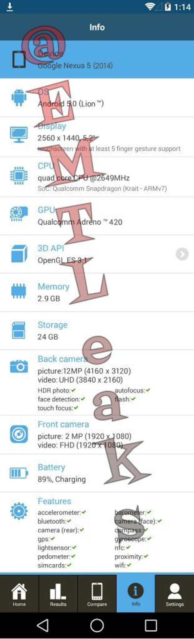 Nexus 5 (2014) with High-End Specs and Android 5.0 Lion Appears on GFXBench