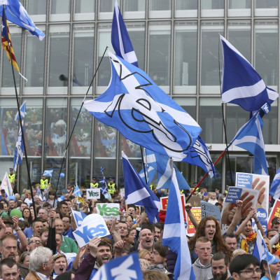 'Yes' campaign people gather for a rally outside the BBC in Glasgow, Scotland September 14, 2014.