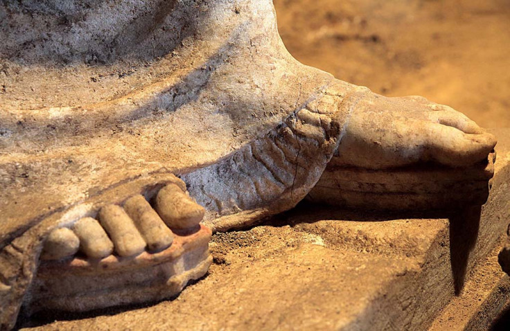 The carved feet of caryatid statues found in the Amphipolis tomb