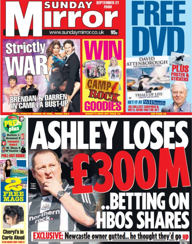 Sunday Mirror Front Cover on 21 September 2008