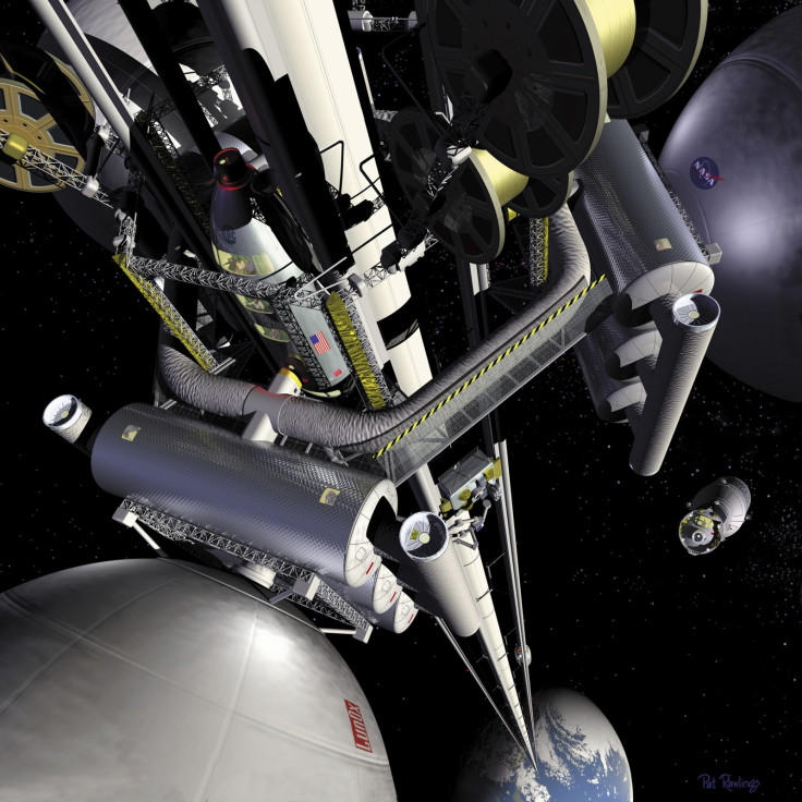 An artist's concept illustration for a space elevator