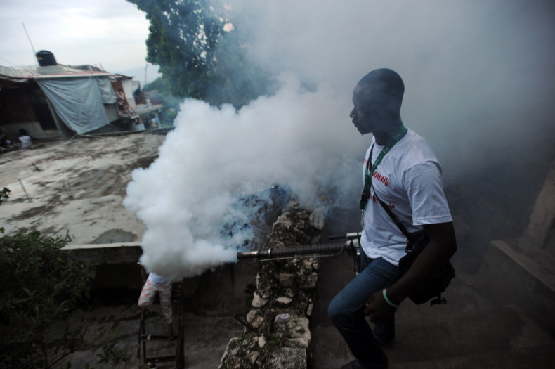 Health worker, Port-au-Prince, Haiti, fumigates for mosquitos