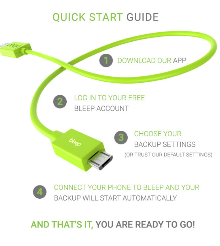 Bleep Smartphone Charging Cable Automatically Backs Up and Stores All Your Confidential Data Without Requiring Internet