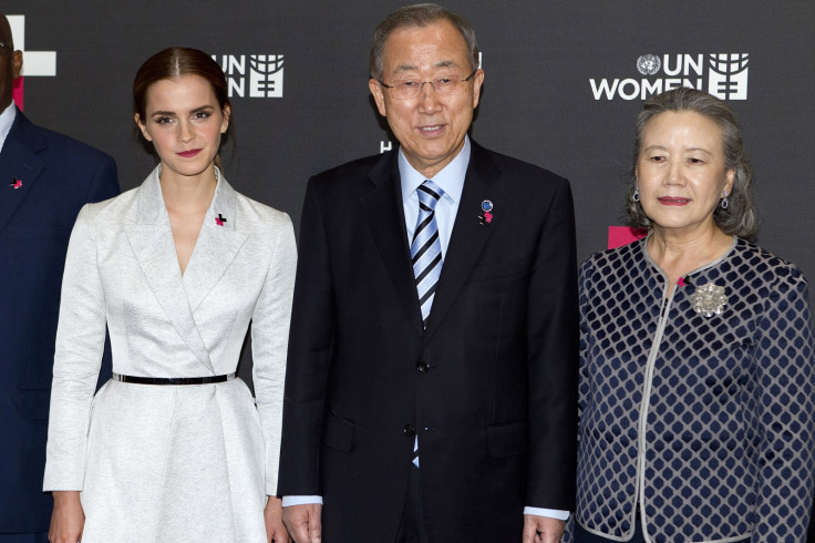 Actress Emma Watson (L), United Nations Secretary General Ban Ki-moon and his wife Yoo Soon-taek pose for a photo during a photo opportunity promoting the HeForShe campaign in New York September 20, 2014