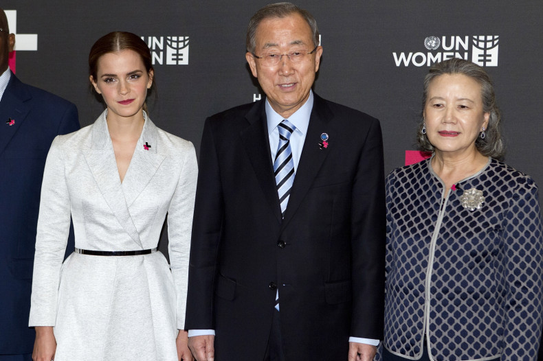 Actress Emma Watson (L), United Nations Secretary General Ban Ki-moon and his wife Yoo Soon-taek pose for a photo during a photo opportunity promoting the HeForShe campaign in New York September 20, 2014
