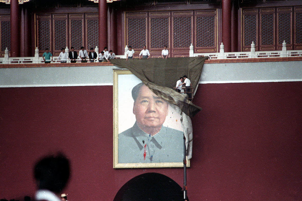 portrait of Mao defaced Tiananmen Square Beijing