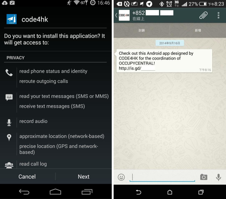 CODE4HK - Spyware masquerading as a fake mobile app for coordinating Occupy Central protests in Hong Kong