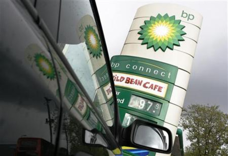 BP petrol station is reflected in car windows in London