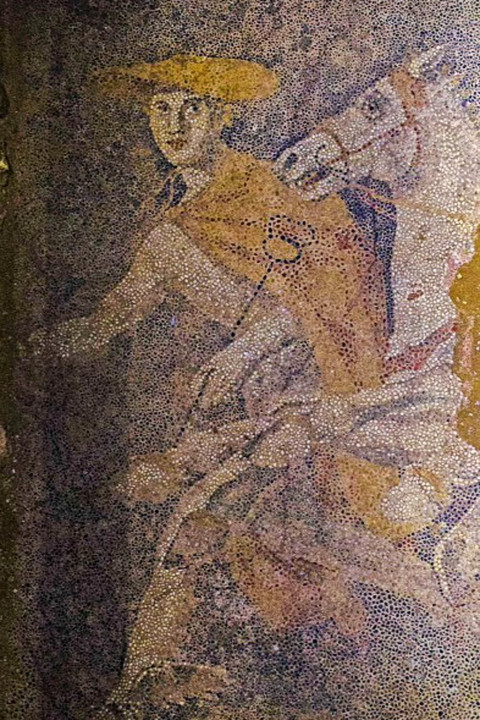 Hermes, the god of thieves, travellers, trade and a guide to the underworld, is depicted in the mosaic