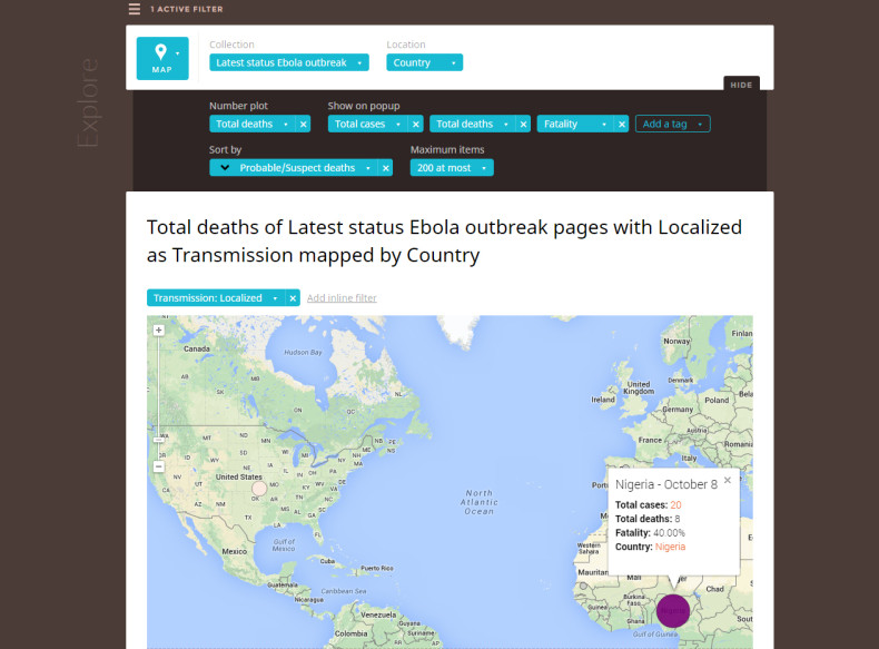 Silk's Ebola Outbreak database, which lets you search for and display statistics on cases immediately