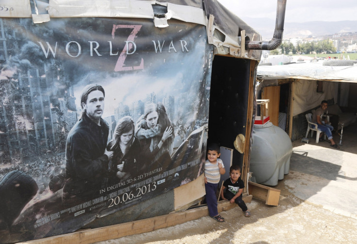 Syrian refugees in Lebanon in a shelter made from a Hollywood movie poster. (Reuters)