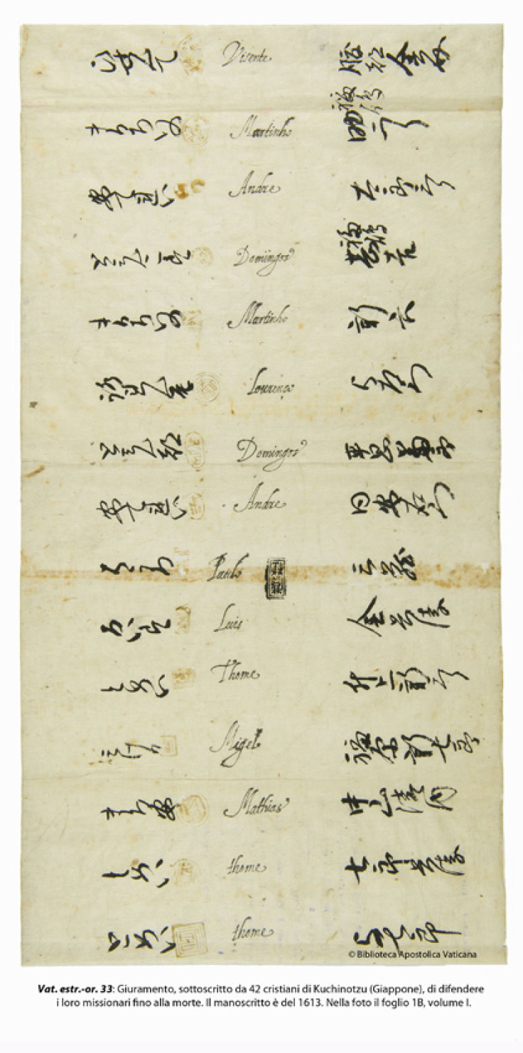 Oath, signed by 42 Christians of Kuchinotzu (Japan), to defend their missionaries to death, dated 1613.