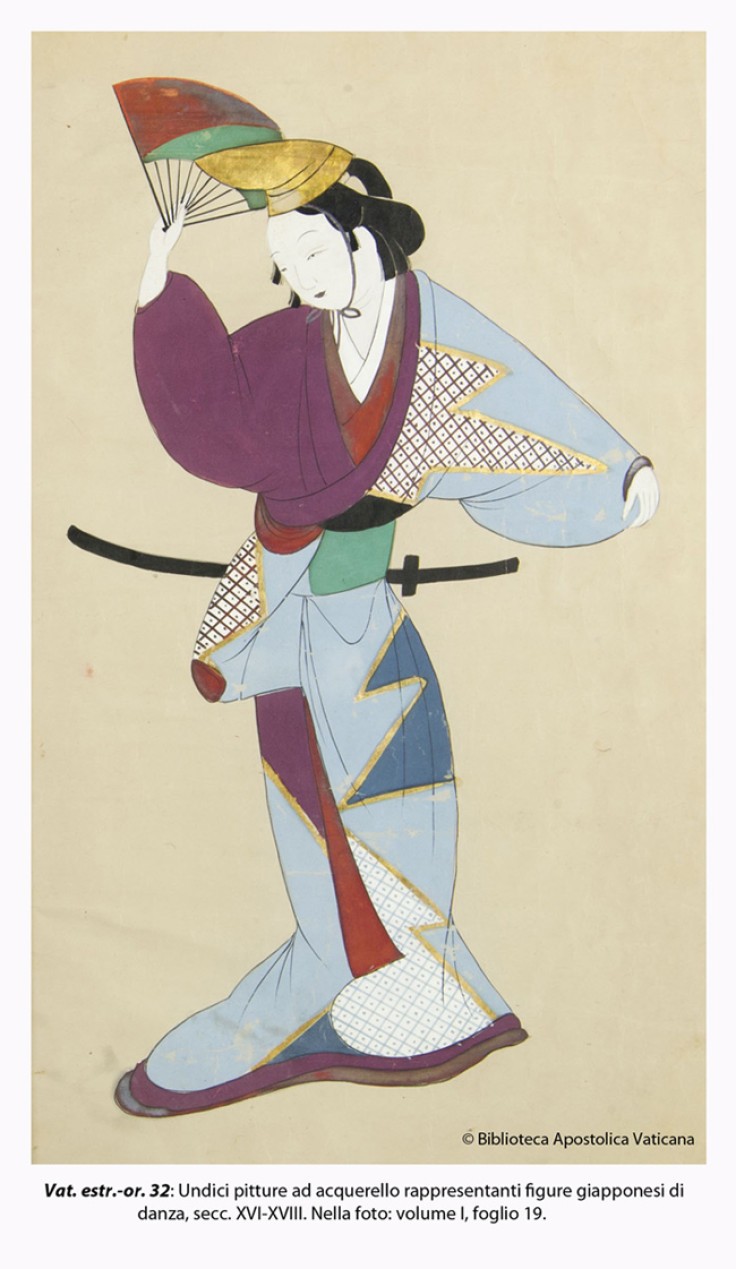 A Japanese dance painting, one of 11 watercolor paints representing figures of Japanese dance, centuries XVI - XVIII