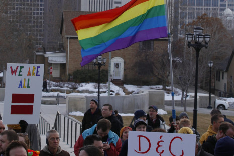Several hundred people hold a pro-gay marriage rally outside the Utah State Capitol on 28 January 2014 in Salt Lake City, Utah.