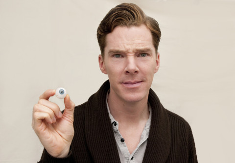 Benedict Cumberbatch poses with an eyeball similar to his own eye colour
