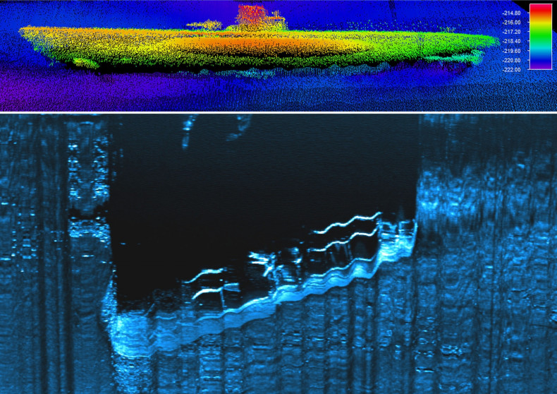 Sonar images of U-576 submarine and freighter Bluefields on the sea bed