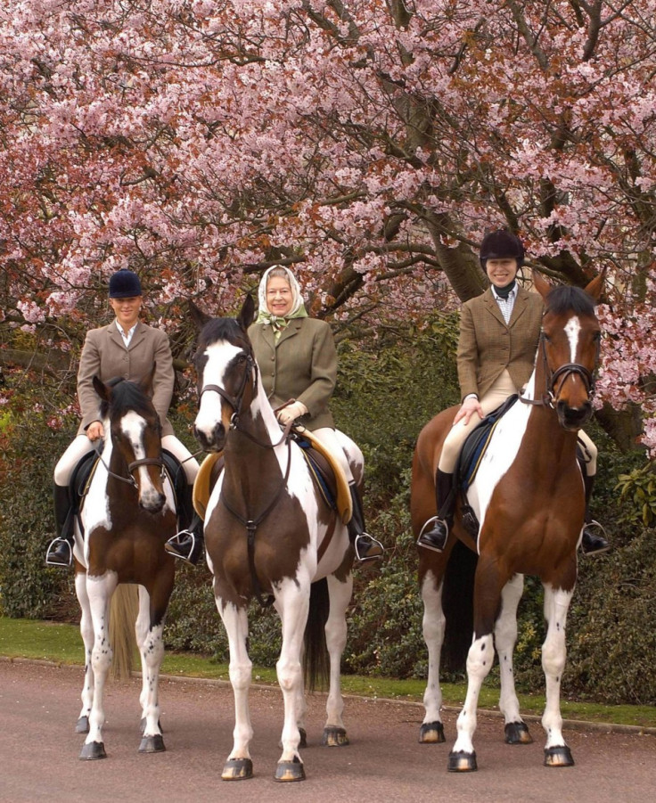 A picture showing Britain's Queen Elizabeth (C) with her daughter Princess Anne (R) and her granddaughter Zara Phillips riding at Windsor Castle during Easter, has been released by Buckingham Palace to mark the monarch's 78th birthday