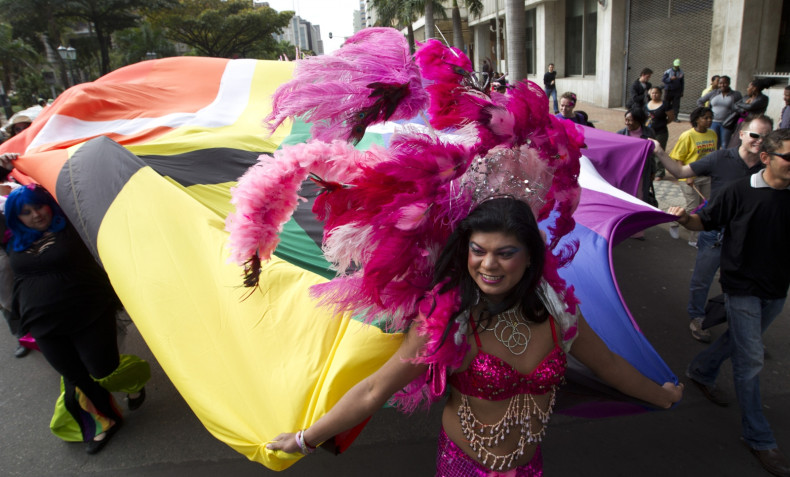 A drag queen participates in Durban Pride where several hundred people marched through the Durban city centre in support of gay rights, July 30, 2011