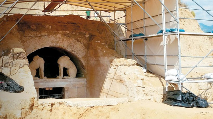 The two headless sphinxes guarding the entrance to the Amphipolis Tomb on Kasta Hill in Serres