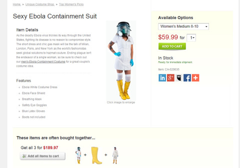 A sexy Ebola nurse containment suit costume is currently being sold on brandsforsale.com