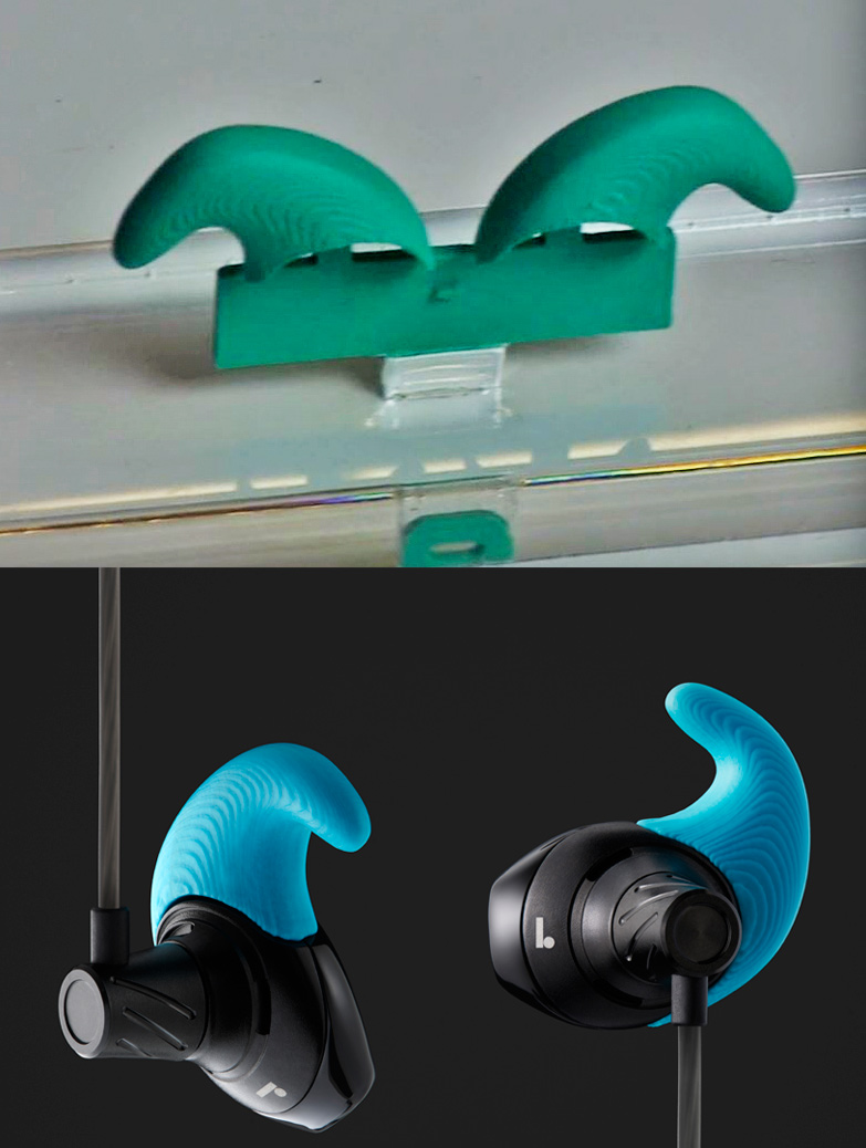 Ear pieces fresh from being 3D-printed to being fitted onto earphones Ear pieces fresh from being 3D-printed to being fitted onto earphones