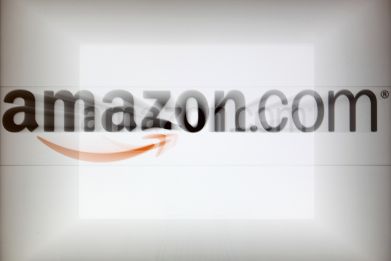 A zoomed image of a computer screen showing the Amazon logo