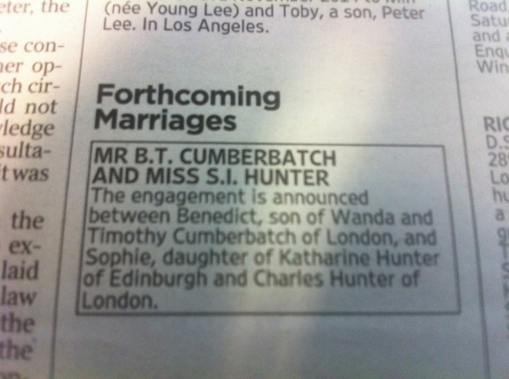 Benedict Cumberbatch engagement in The Times